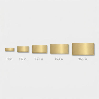 Size comparison chart of five brass nameplates from 3x1 inches to 10x5 inches on gray background