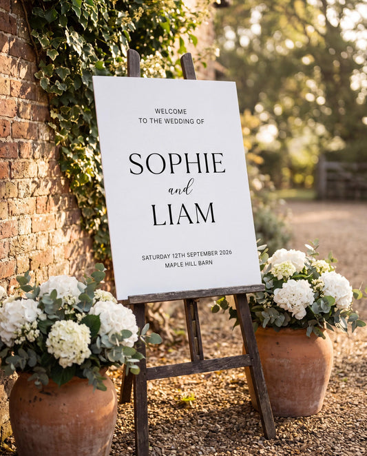 White foam board wedding welcome sign with custom names and date on wooden easel outdoors against ivy wall