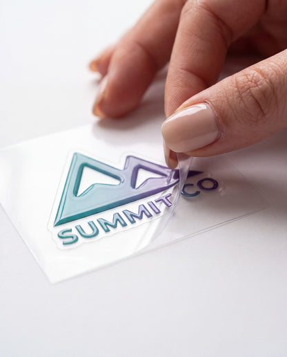 Hand peeling a glossy raised dimensional custom logo sticker off its clear transfer film