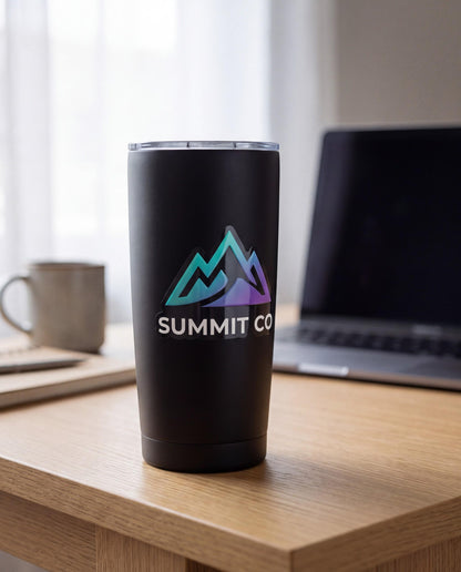 Glossy raised logo sticker applied to a matte black stainless steel tumbler on a desk