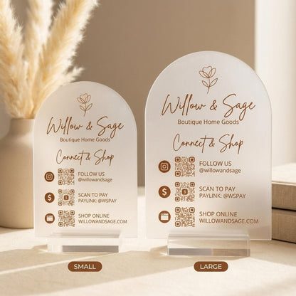 Two QR code acrylic sign sizes compared side by side, small and large
