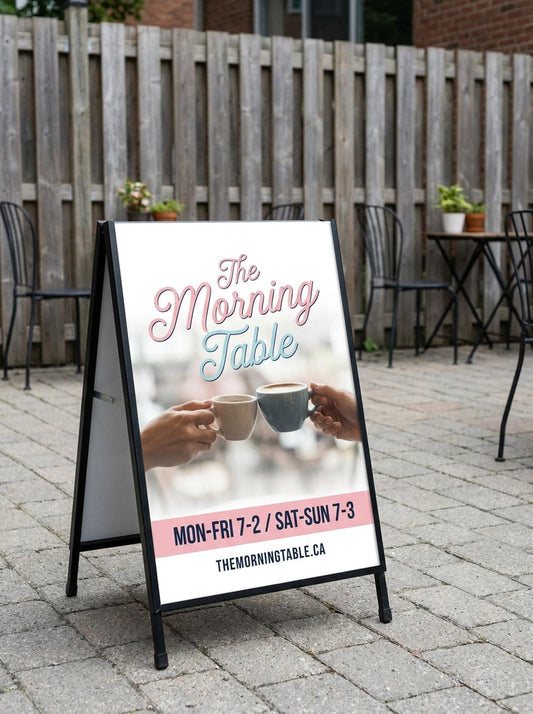 Custom A-frame sandwich board sign for a cafe, black metal frame on outdoor patio sidewalk