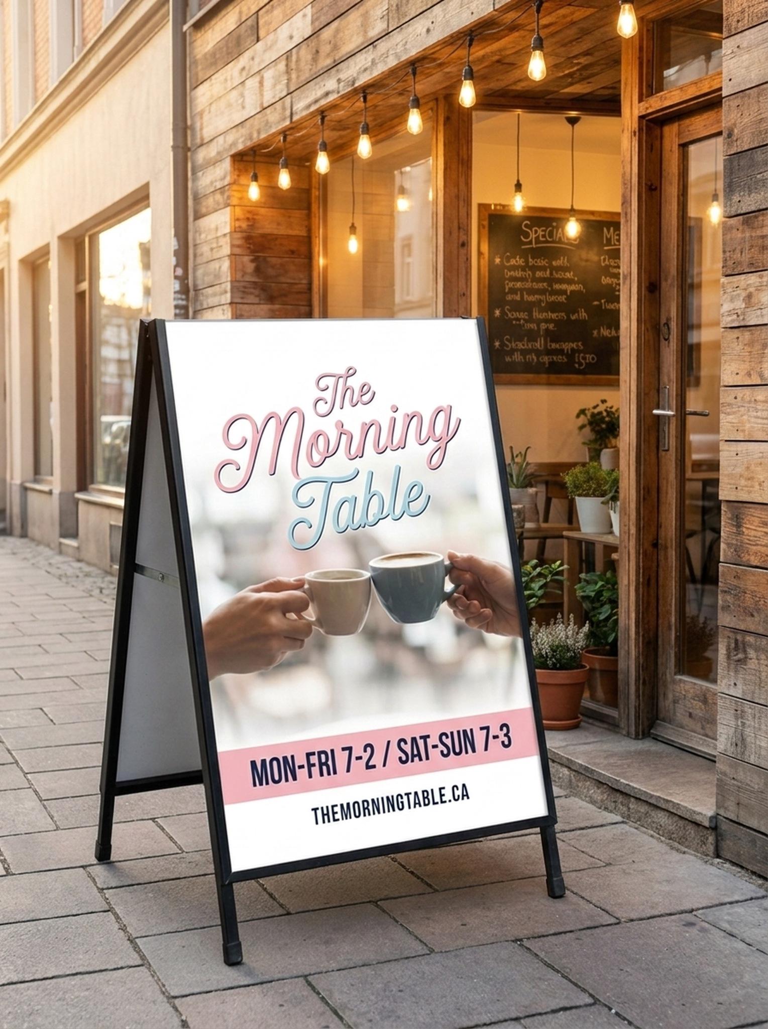 Custom sandwich board sign displayed outside a cafe storefront entrance with string lights