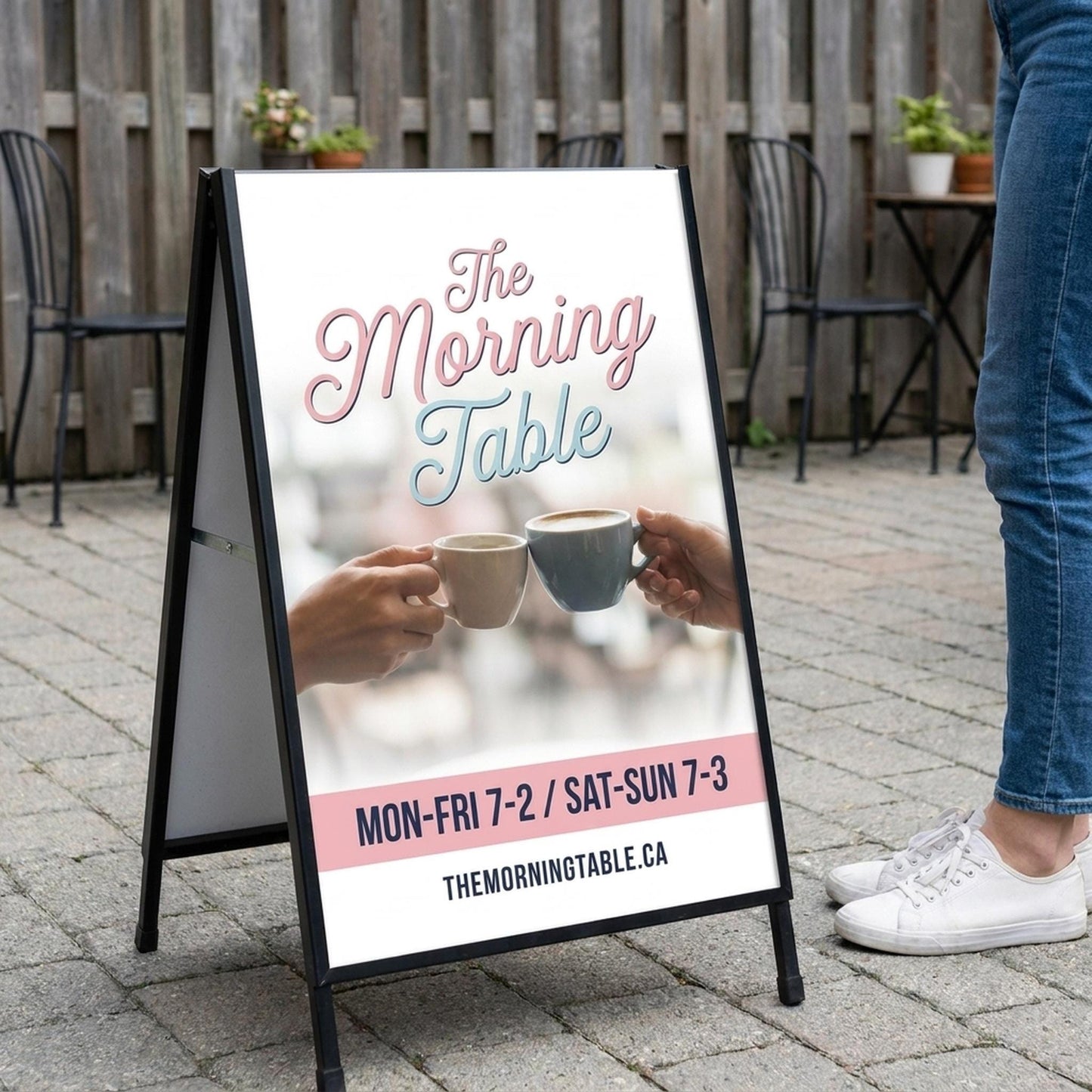 Person standing beside a custom A-frame sandwich board sign showing its height