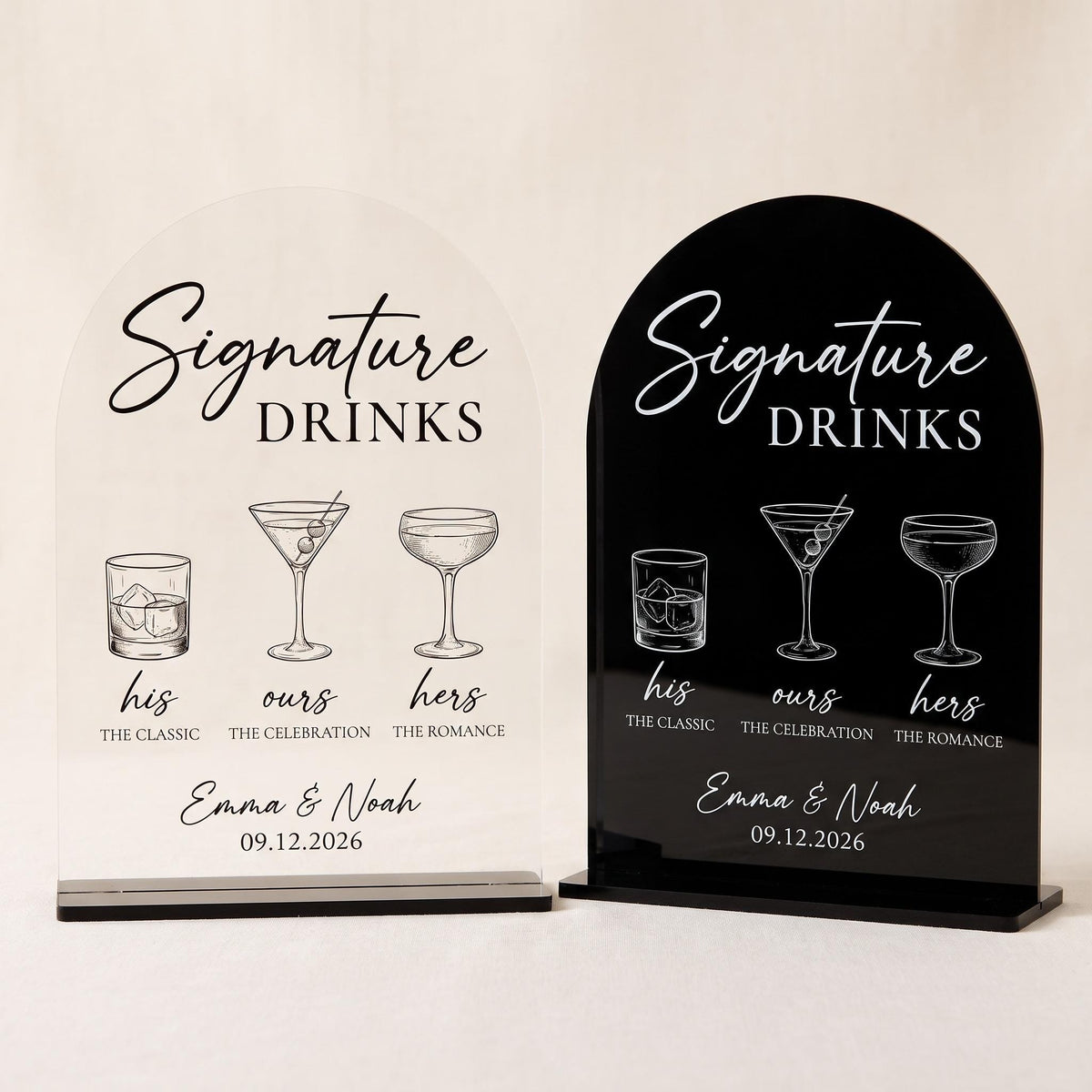 Two acrylic finish options for the bar sign: clear acrylic with black text and black acrylic with white text.