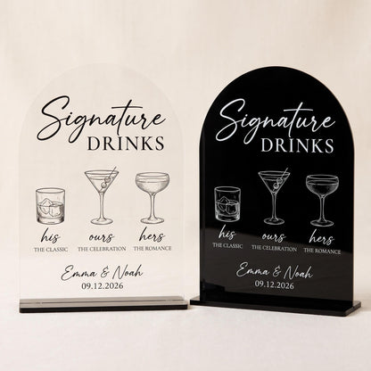 Two acrylic finish options for the bar sign: clear acrylic with black text and black acrylic with white text.