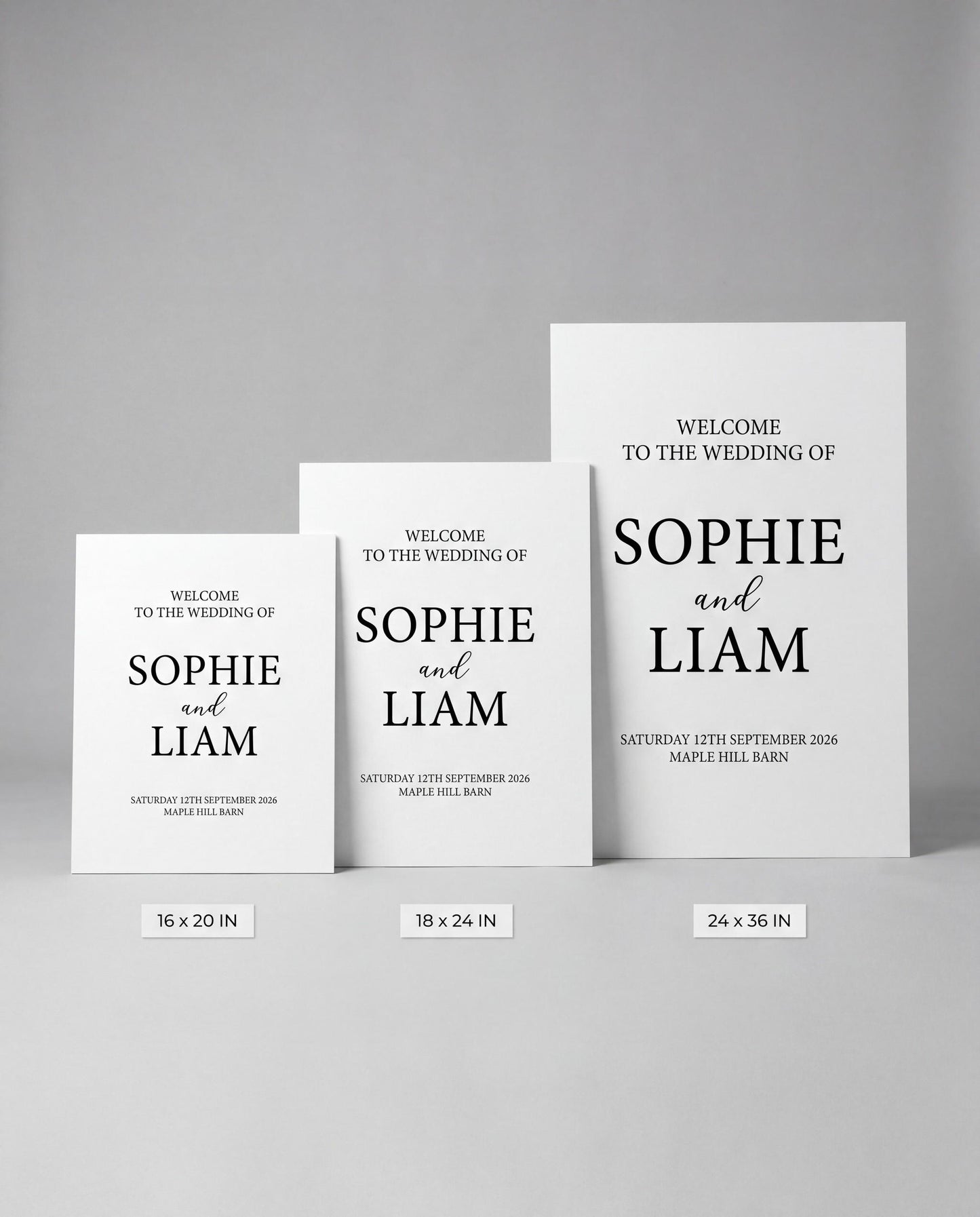 Three wedding welcome sign sizes compared side by side 16x20 18x24 and 24x36 inches