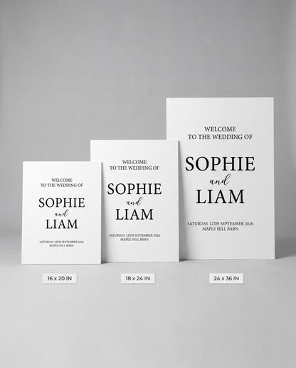 Three wedding welcome sign sizes compared side by side 16x20 18x24 and 24x36 inches