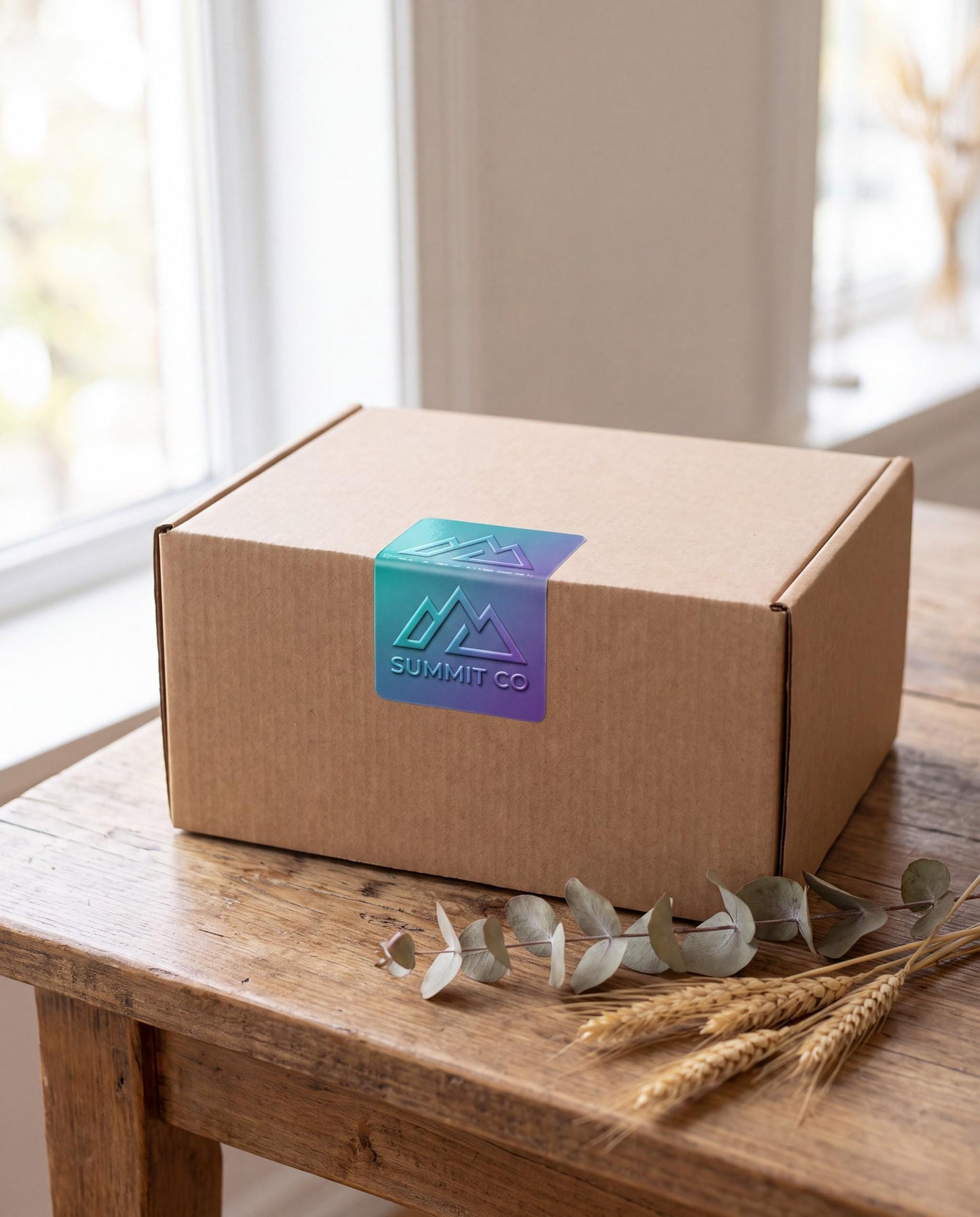 Custom branded logo sticker applied to a kraft cardboard shipping box