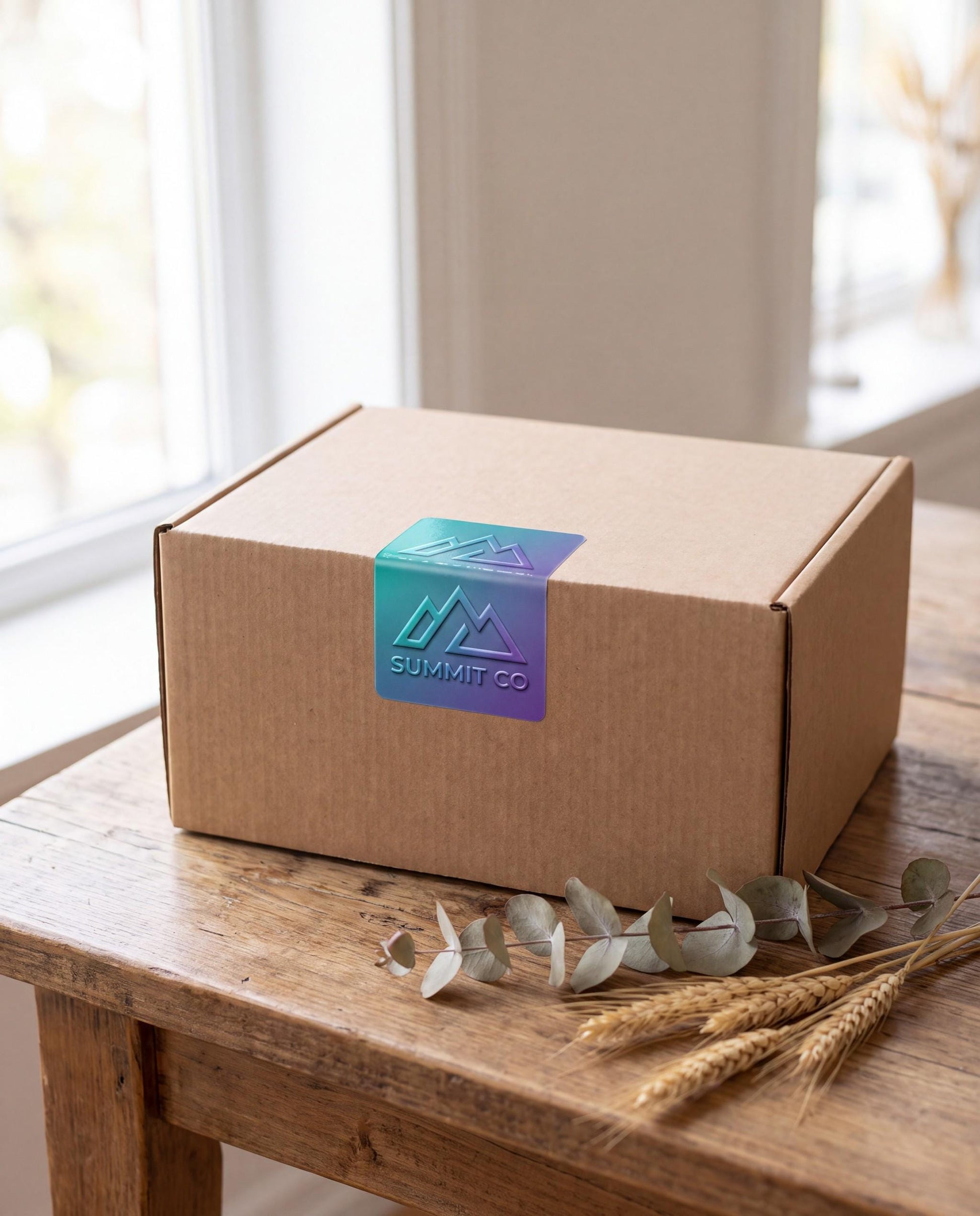 Custom branded logo sticker applied to a kraft cardboard shipping box