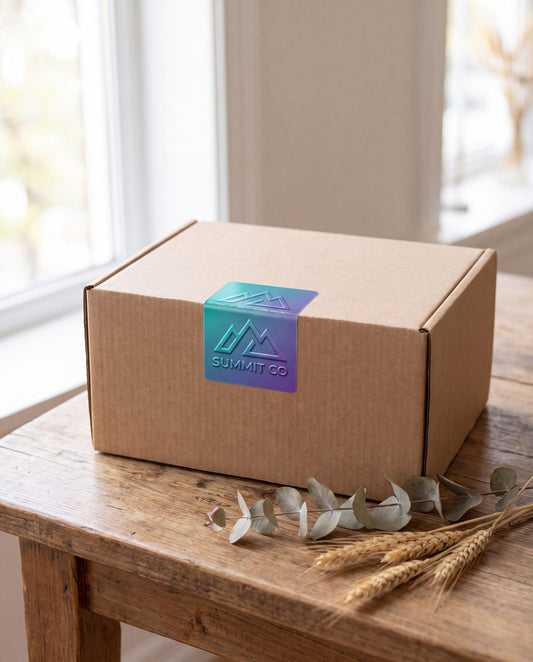 Custom branded logo sticker applied to a kraft cardboard shipping box