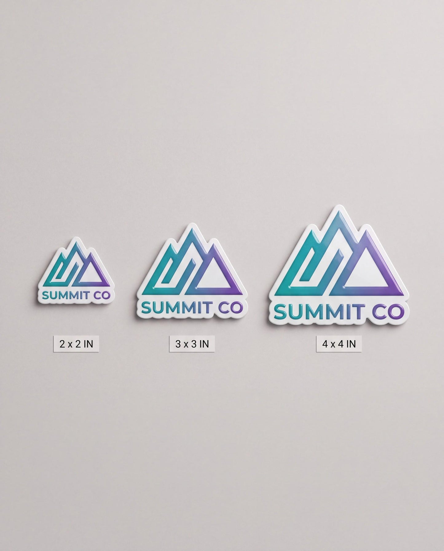 Three custom logo sticker sizes compared side by side 2x2 3x3 and 4x4 inches