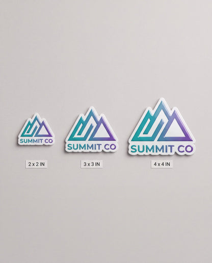 Three custom logo sticker sizes compared side by side 2x2 3x3 and 4x4 inches