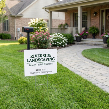Custom yard sign displayed in a front lawn near a home entrance path with flowering bushes