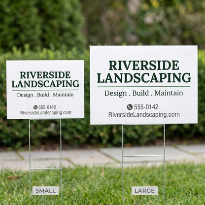 Two custom yard signs compared side by side showing small and large size options