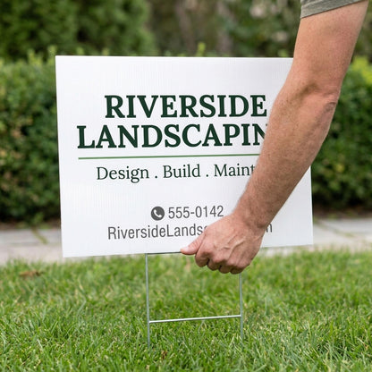 Hand installing a custom yard sign wire stake into the lawn