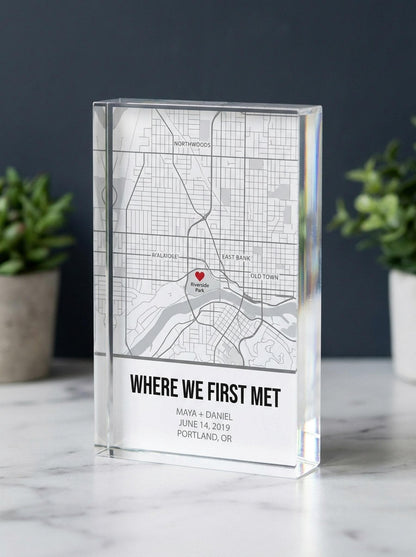 Personalized location map acrylic block engraved with Where We First Met, custom names and date, on marble countertop