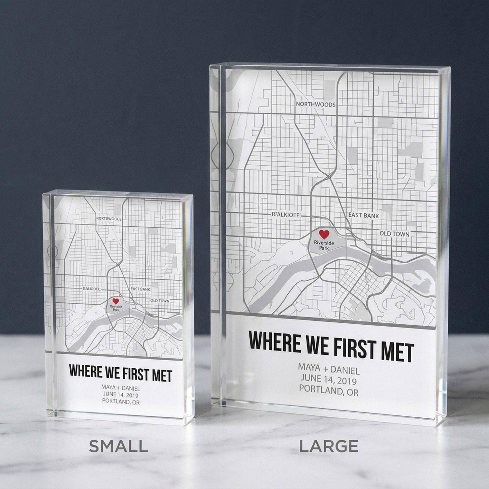 Two acrylic map block sizes compared side by side, small and large