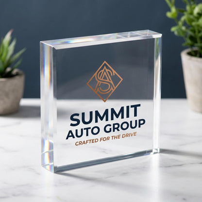 Custom company logo desk display, clear acrylic block engraved with business logo and tagline, on marble desk