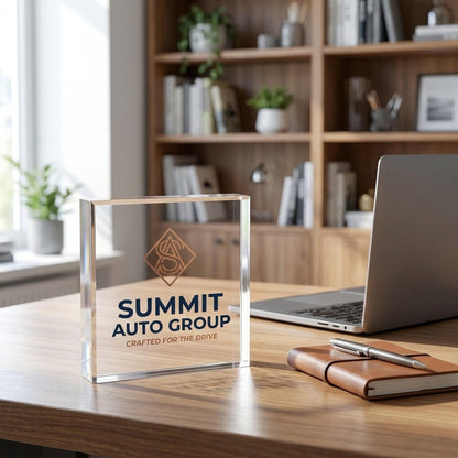 Custom logo acrylic block displayed on an office desk beside a laptop and notebook
