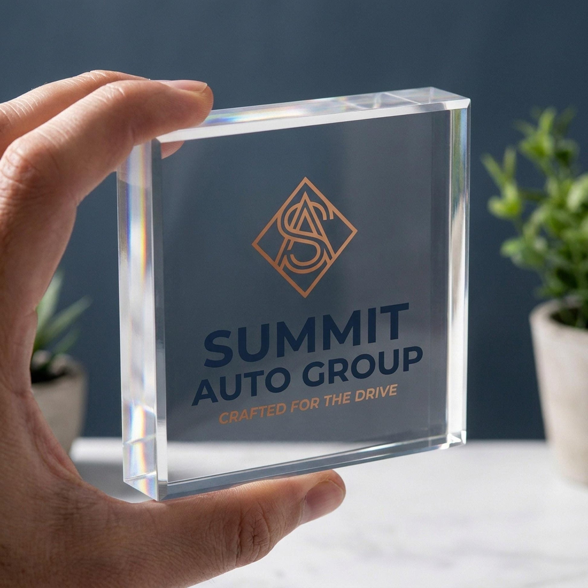 Hand holding a custom company logo acrylic desk display block