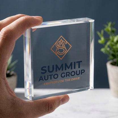 Hand holding a custom company logo acrylic desk display block