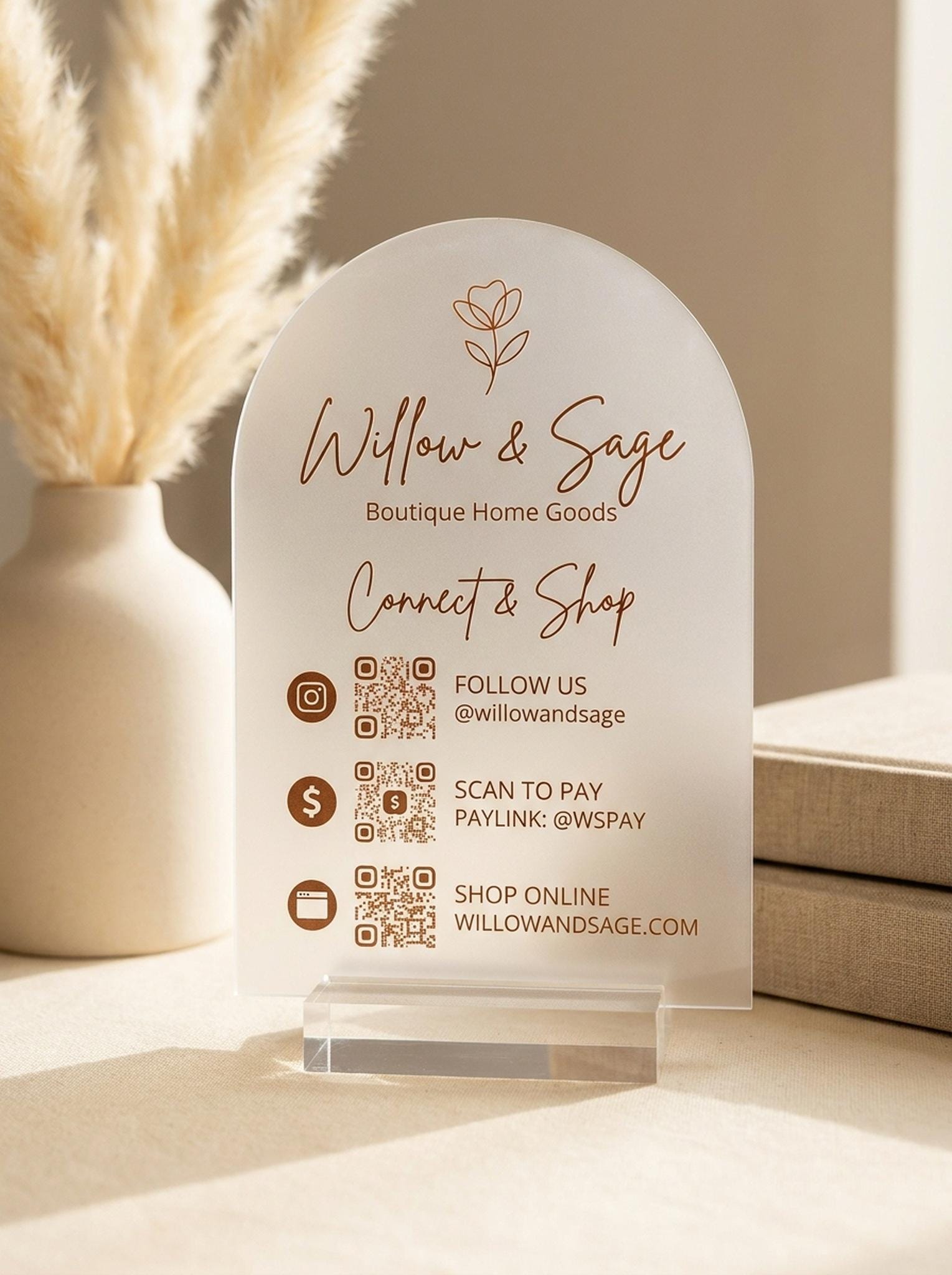 Custom QR code acrylic sign with boutique shop logo, social media and payment QR codes, arched frosted acrylic display