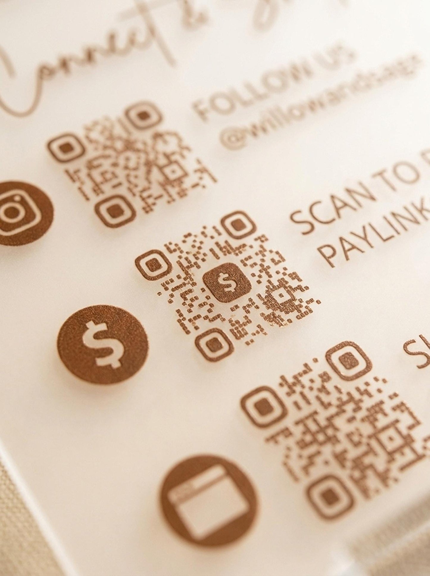 Close-up of QR code acrylic sign showing Scan to Pay icon and QR code detail