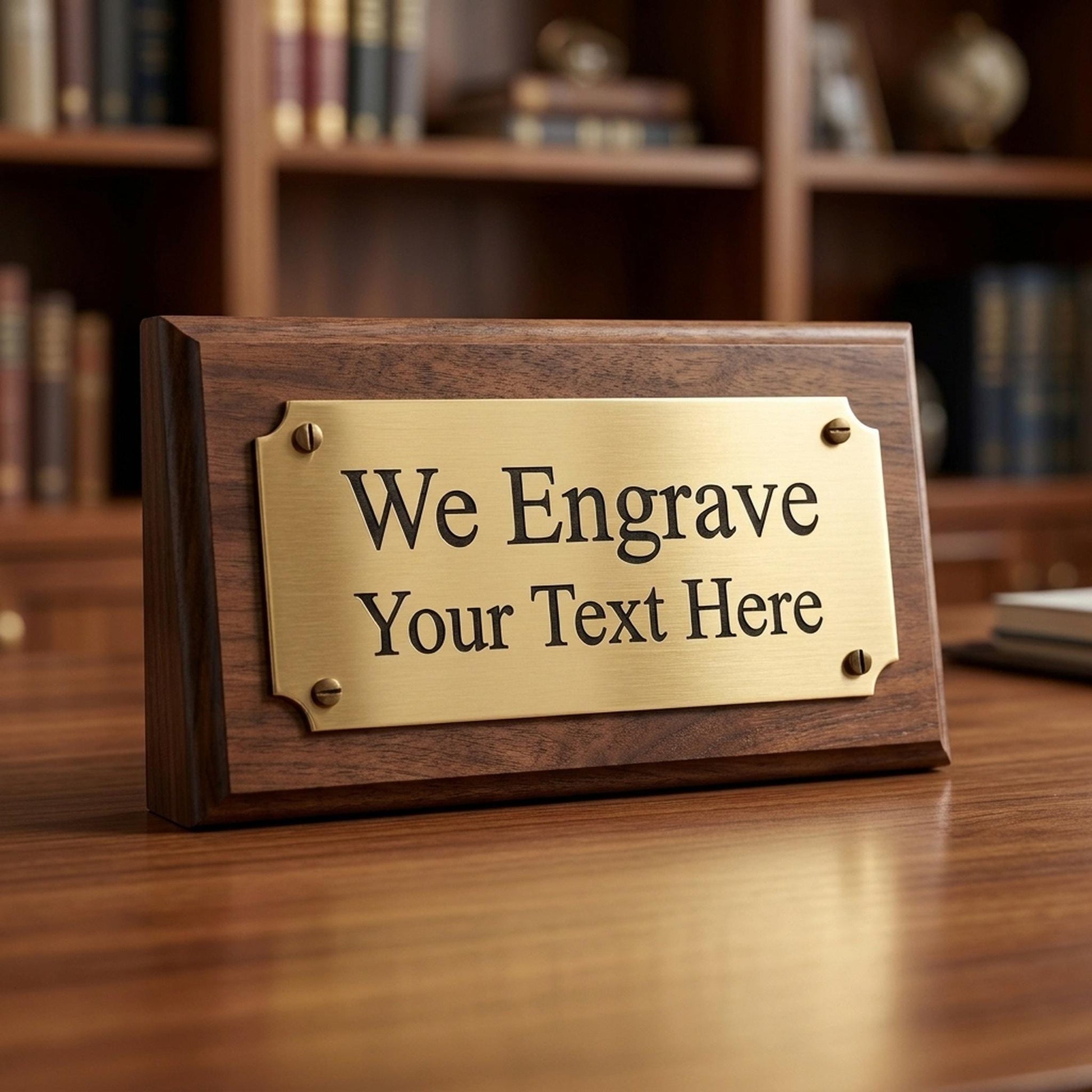 Engraved brass nameplate mounted on a wood award plaque base on an office desk