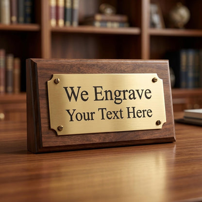 Engraved brass nameplate mounted on a wood award plaque base on an office desk