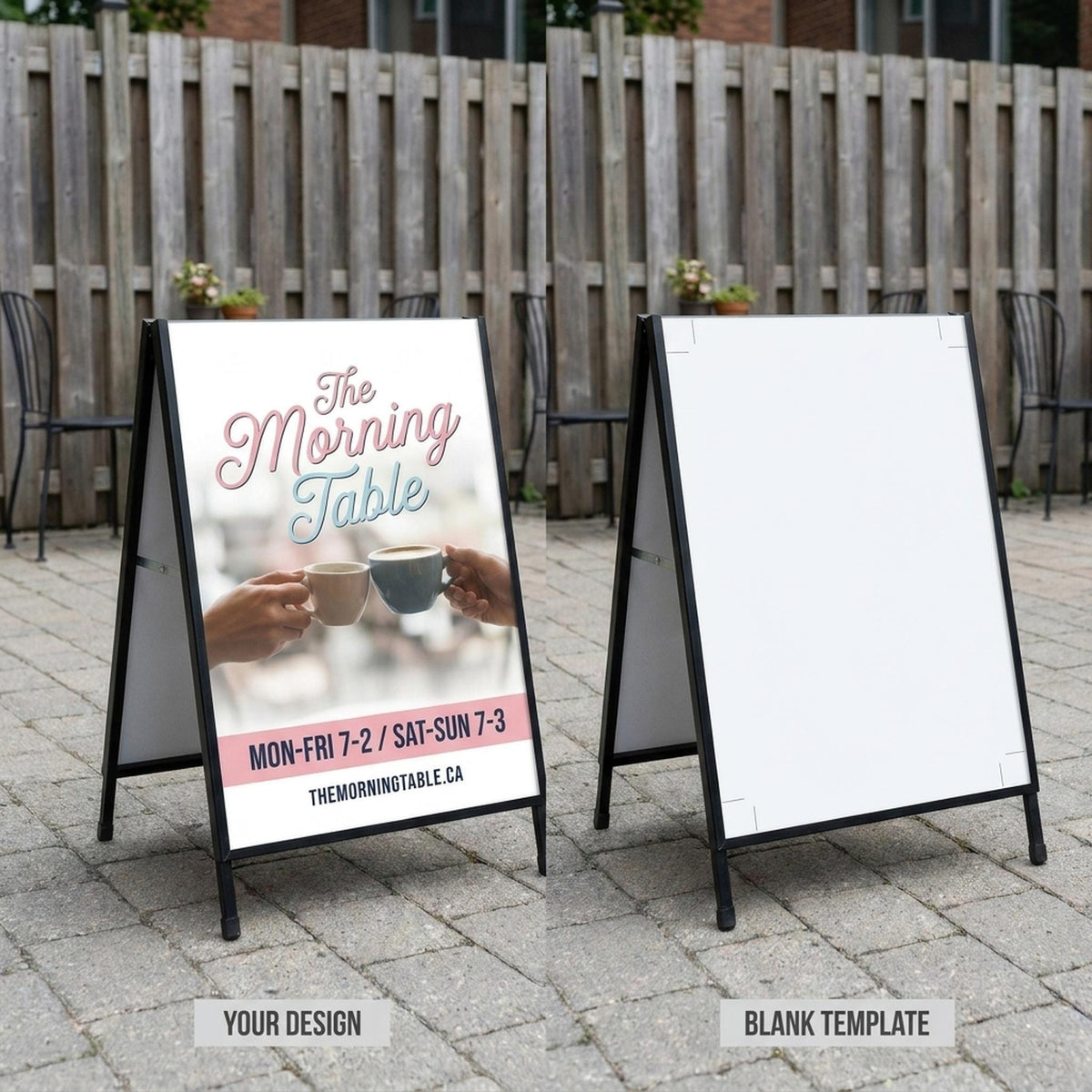 Sandwich board sign shown with custom printed design next to a blank template insert option