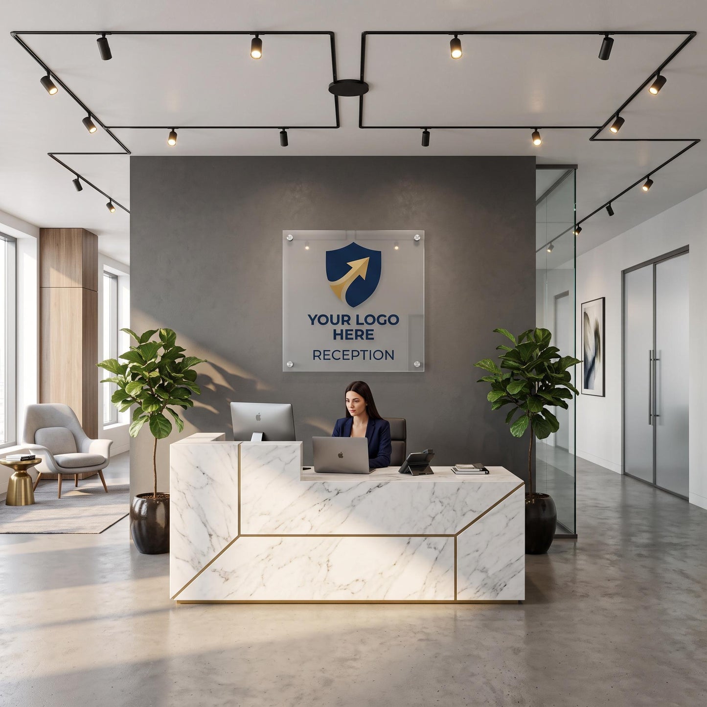 Custom acrylic logo and house number reception sign mounted on a wall above a marble reception desk in a modern office lobby
