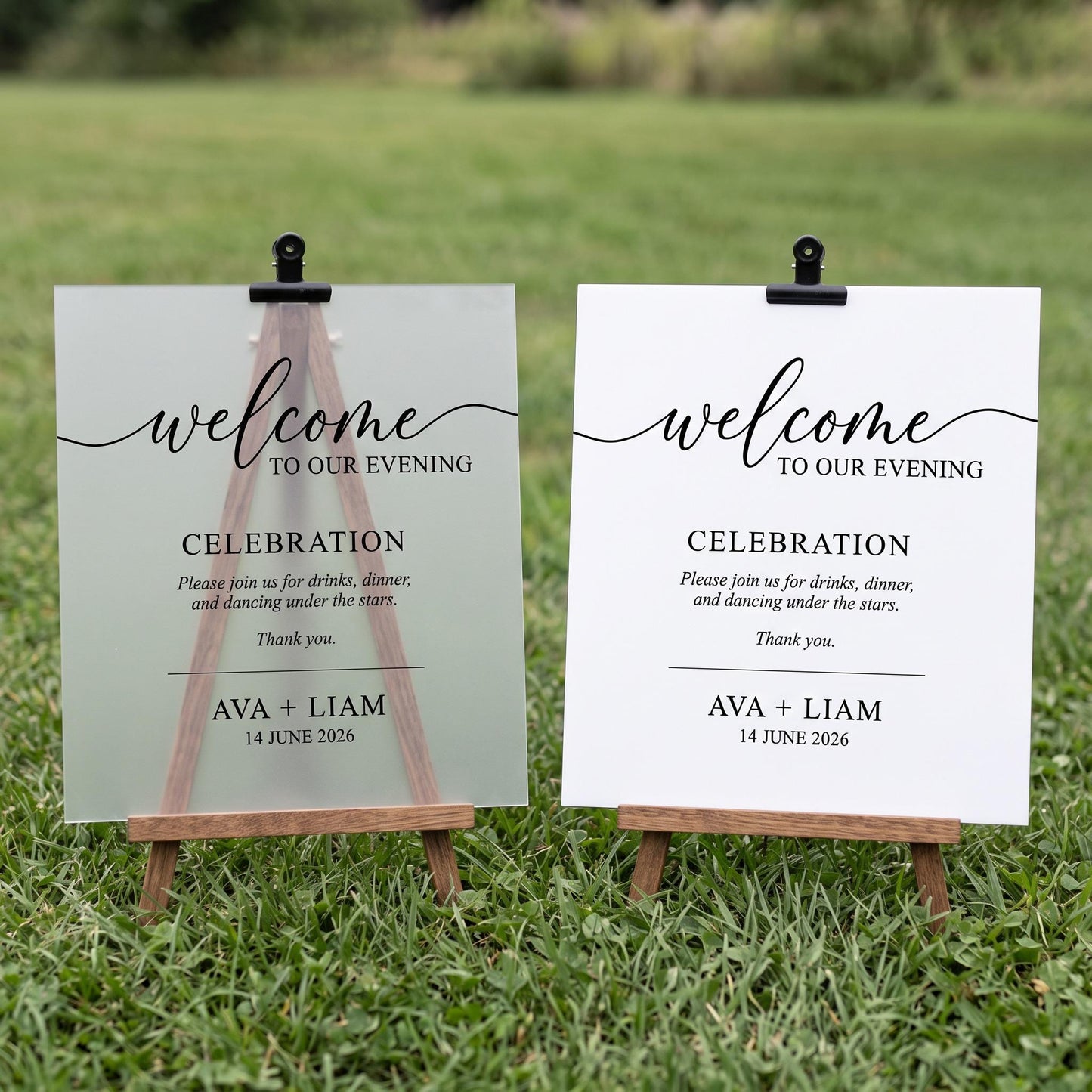 Two acrylic finish options for the welcome sign: clear frosted acrylic and solid white acrylic.