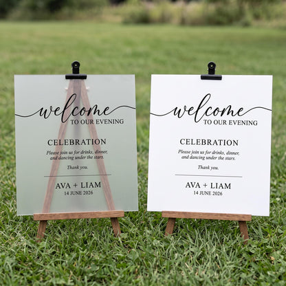 Two acrylic finish options for the welcome sign: clear frosted acrylic and solid white acrylic.