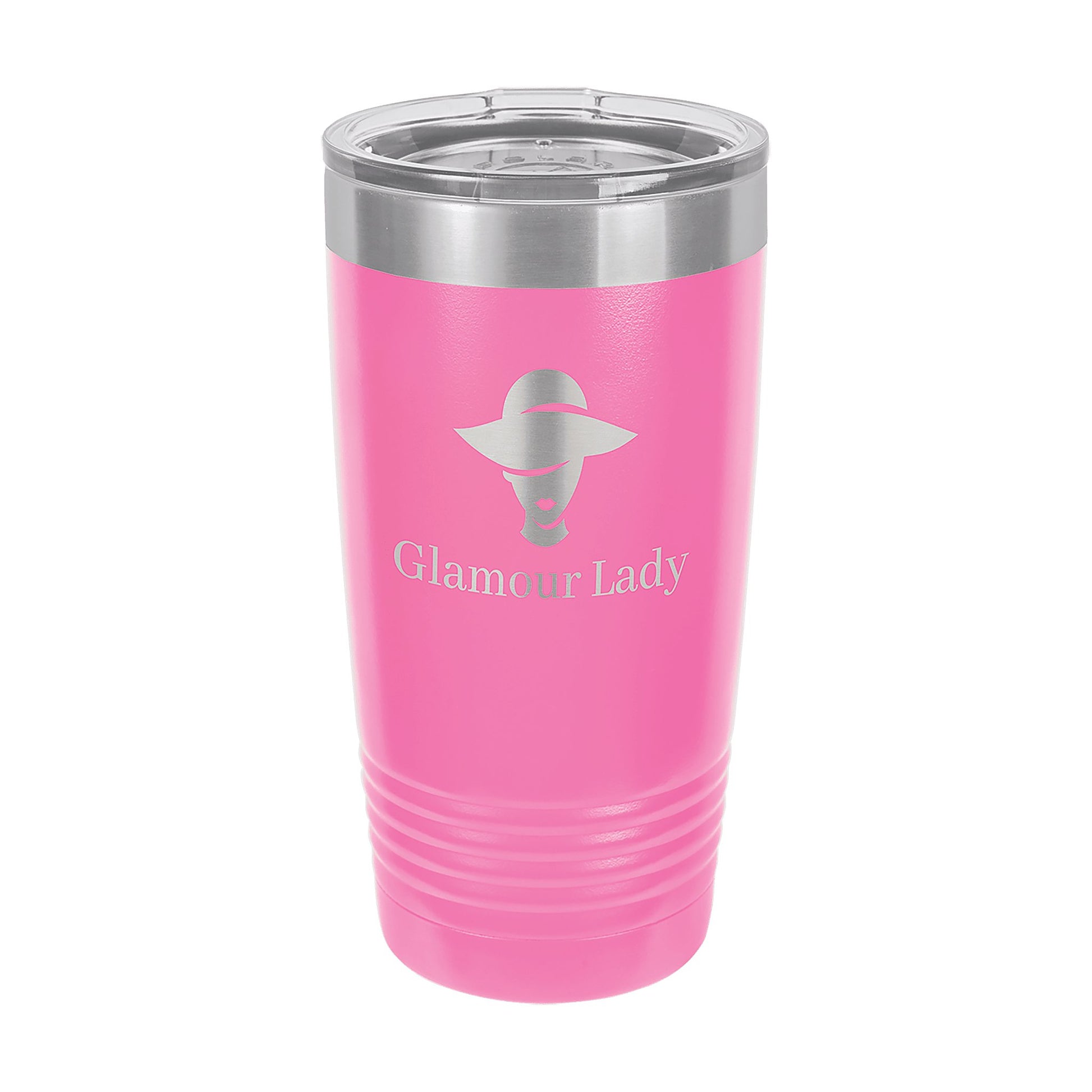 Polar Camel 20 oz. Pink Ringneck Tumbler with Clear Lid — main product photo, custom laser-engraved tumbler from Echipmunk Winnipeg