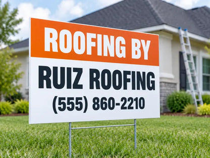 Sample design: roofing contractor yard sign on a job site lawn