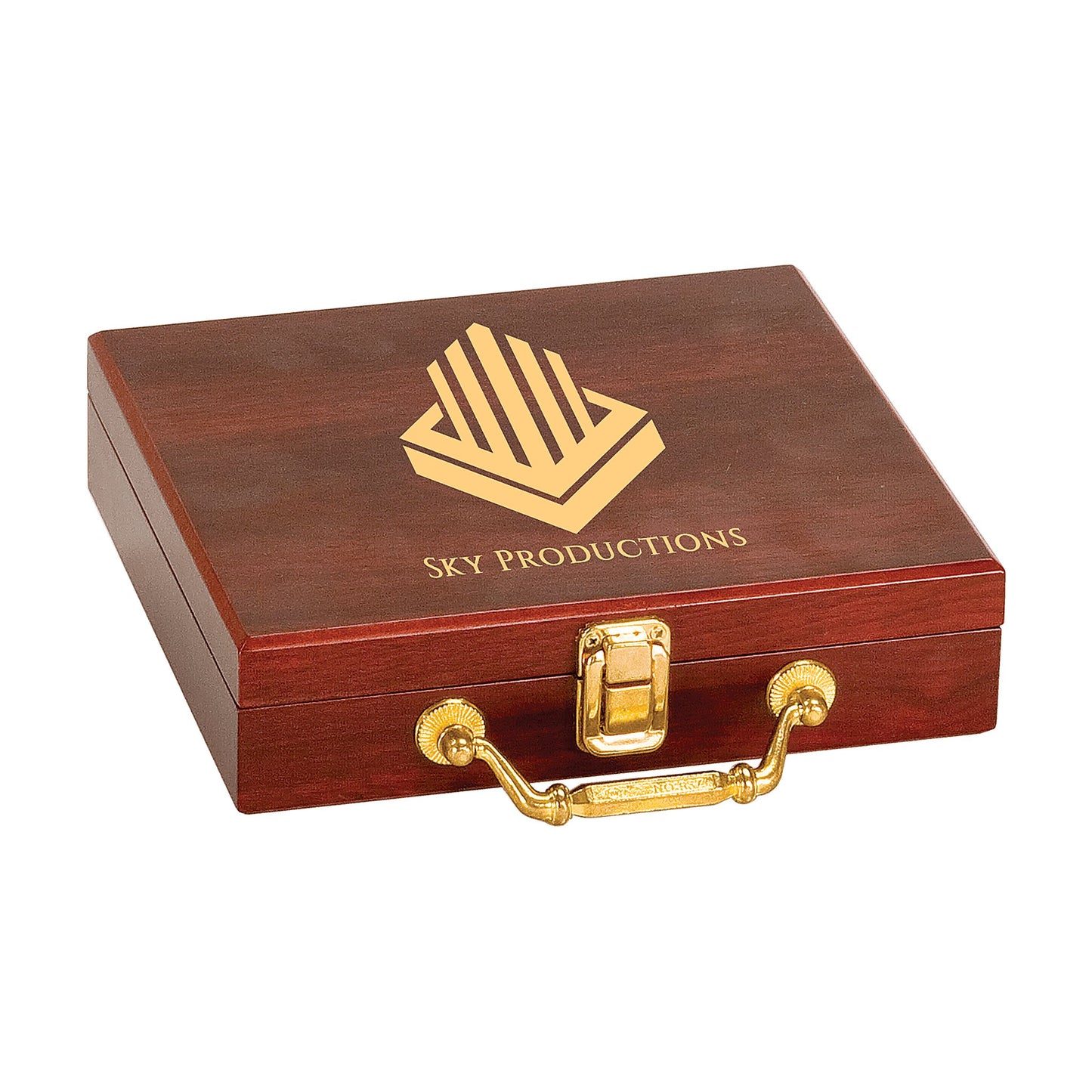 Rosewood Finish 100-Chip Poker Set with sample laser-engraved corporate logo on the lid — Echipmunk free custom engraving