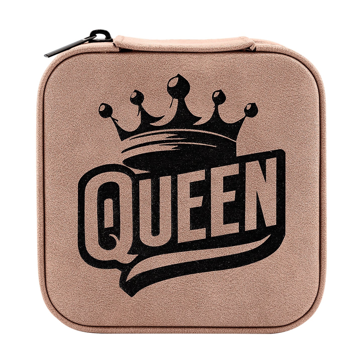 Close-up of laser-engraved sample design on Creekside blush leatherette travel jewelry box — free custom engraving by Echipmunk