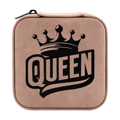 Close-up of laser-engraved sample design on Creekside blush leatherette travel jewelry box — free custom engraving by Echipmunk