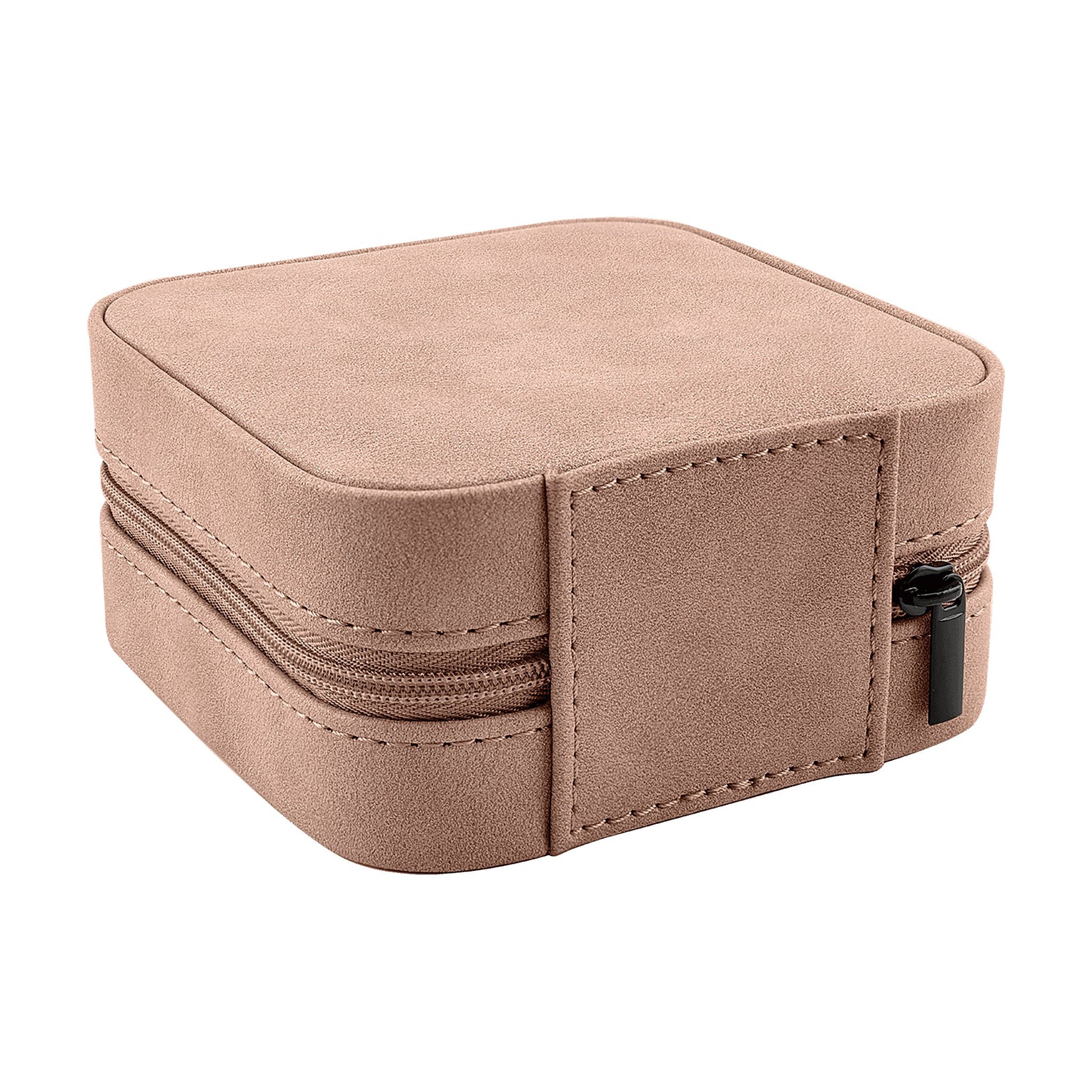 Side angle view of Creekside blush leatherette travel jewelry box showing zipper and hinge construction