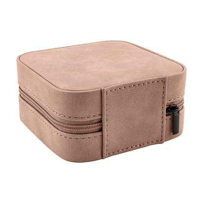 Side angle view of Creekside blush leatherette travel jewelry box showing zipper and hinge construction