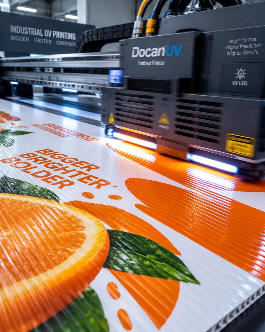 Flatbed UV printer printing a bright orange design onto white corrugated plastic