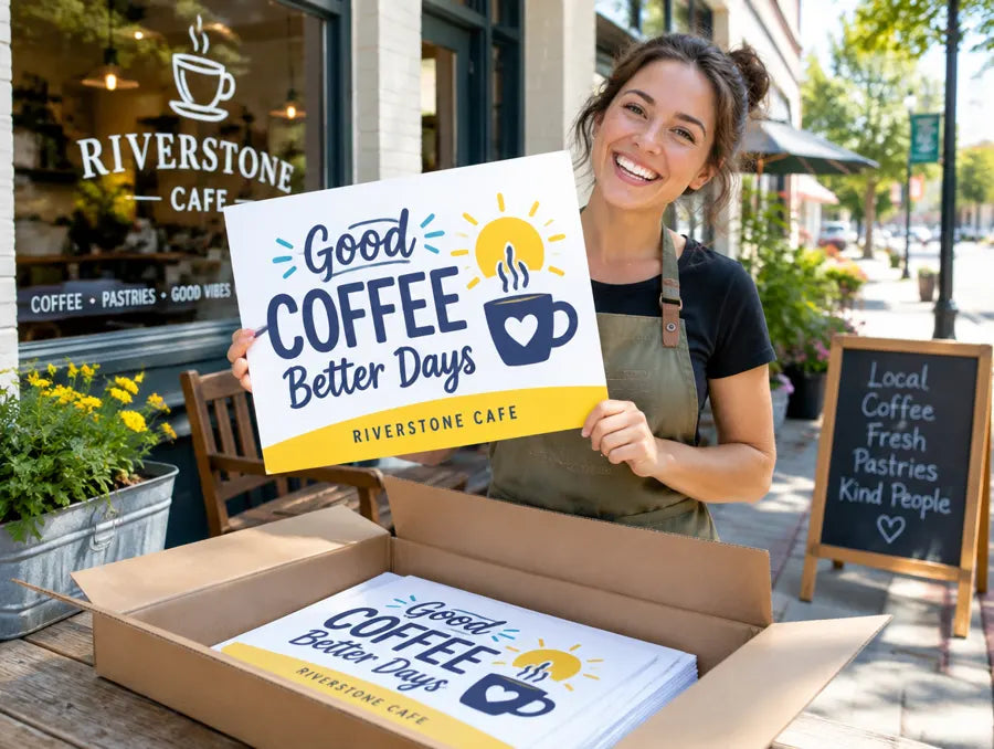 Cafe owner smiling as she unboxes and holds up her new yard sign