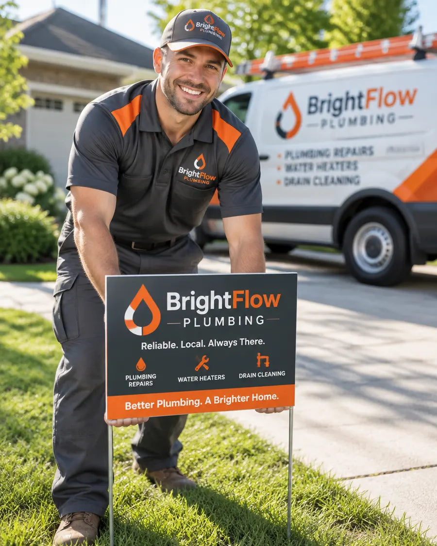 Smiling plumber placing a yard sign on an H-stake next to a driveway, work van behind